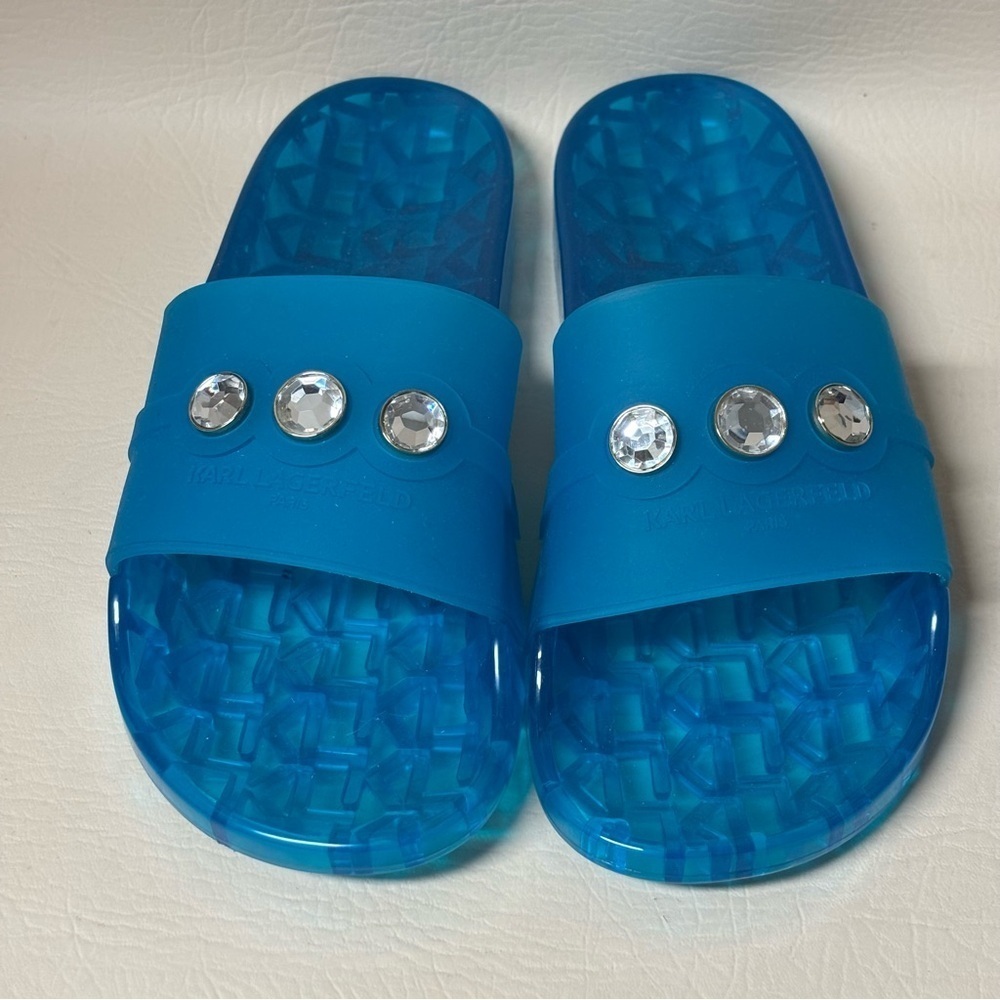 Karl Lagerfeld Blue Jelly Slide Sandals with Rhinestone Accents Sz 9